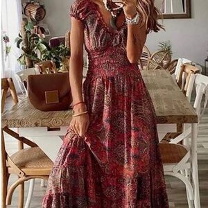 NWT Women's Cap Sleeve Smocked Waist Tribal Print Peasant Maxi Dress Fashion